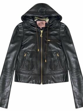 Vintage Juicy Couture Black Leather Hooded Zip Jacket size XS